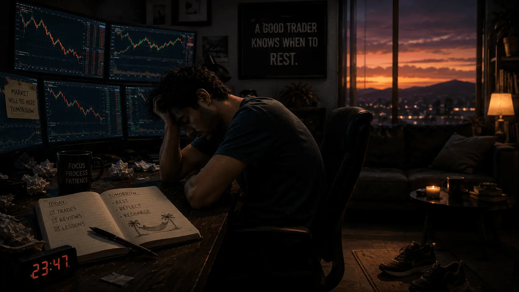trader mệt mỏi vì không nghỉ ngơi khi trade