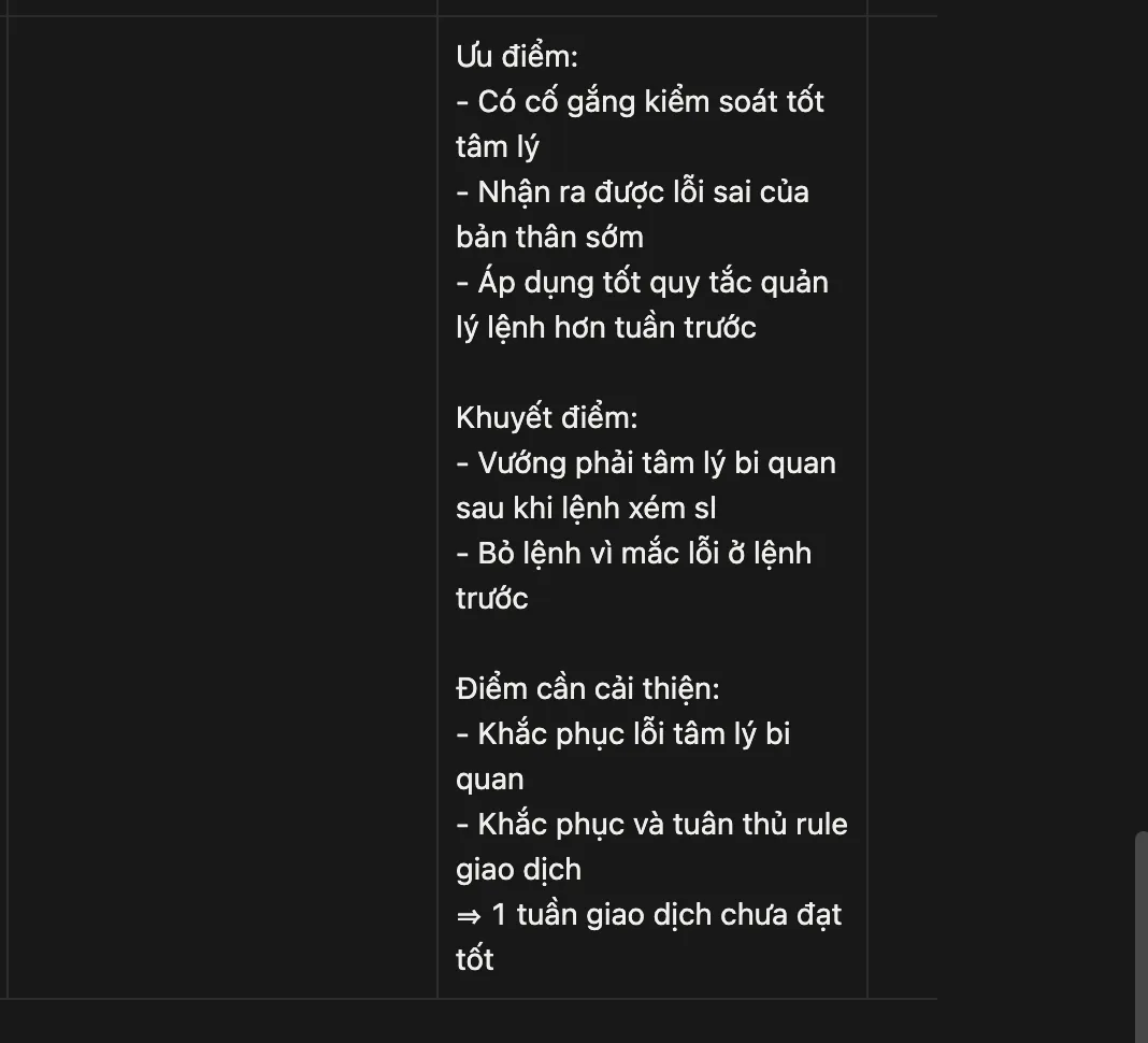 nhật kí trading nhận xét tuần