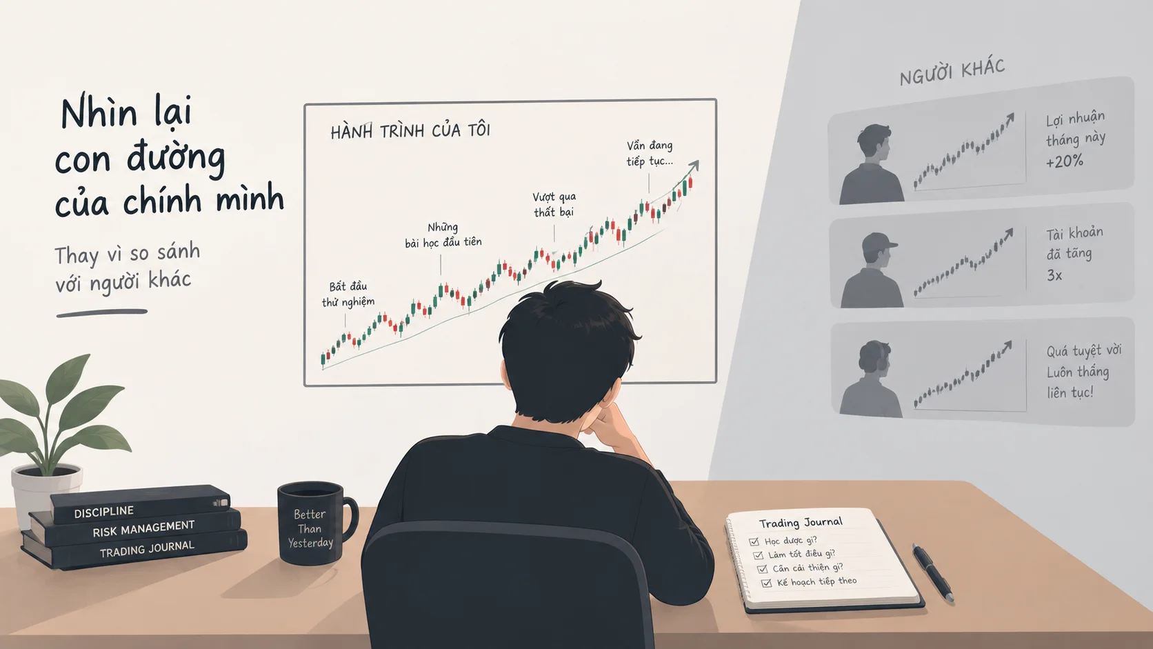 Trader nhìn lại hành trình trading của chính mình thay vì so sánh với người khác